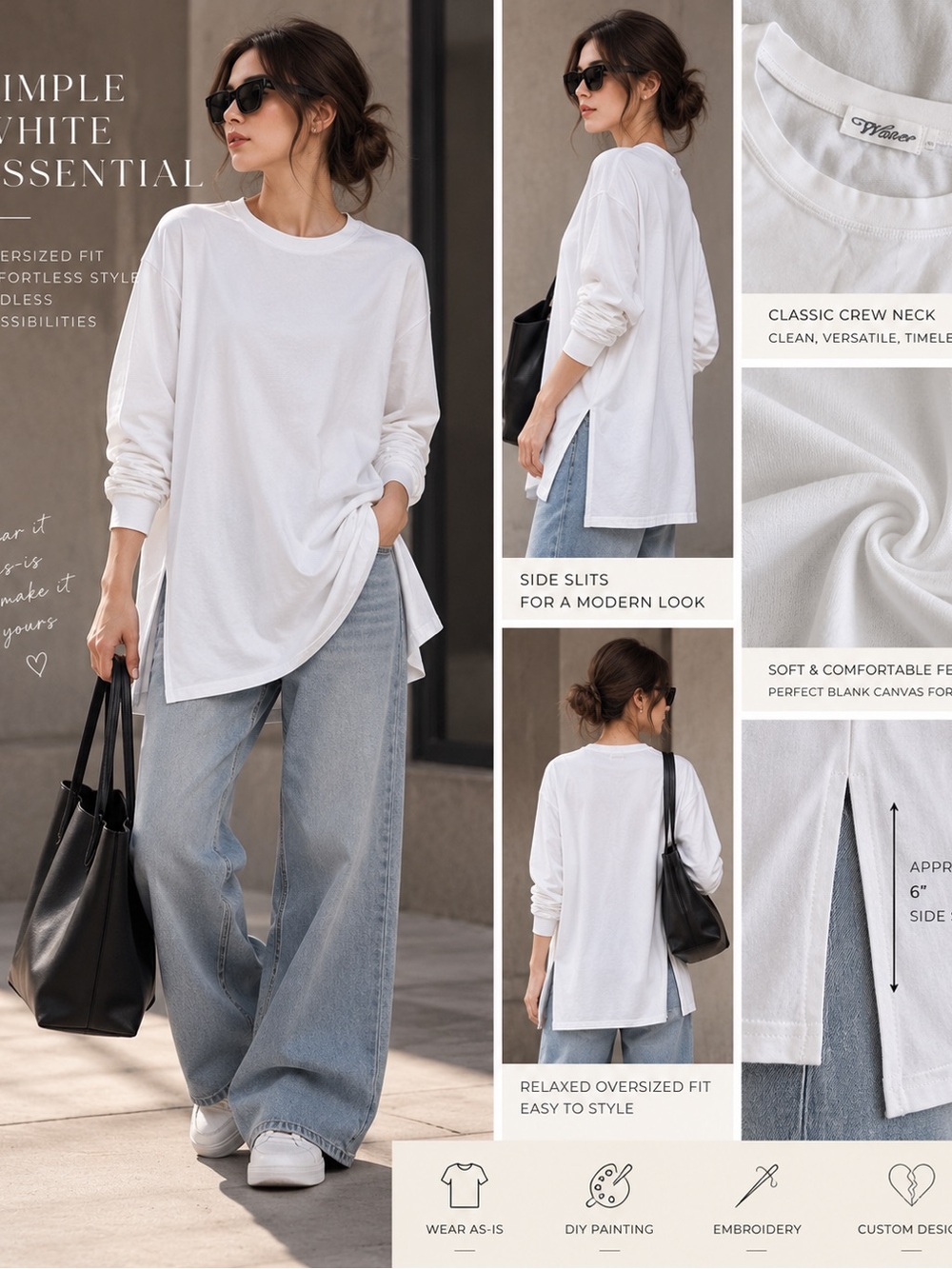 White Oversized Long Sleeve Tee Side Slit Minimalist DIY Customizable